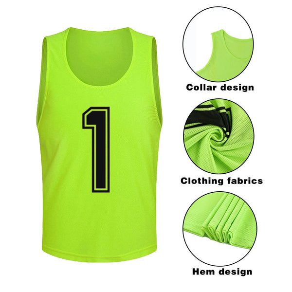 Neon lime green soccer training vest with a number one design and collar, showing fabric details.