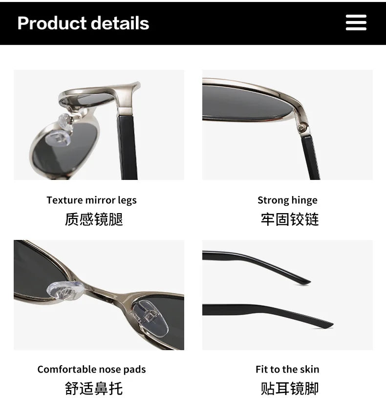 A set of retro oval sunglasses featuring a metal frame and dark lenses shown in various views.
