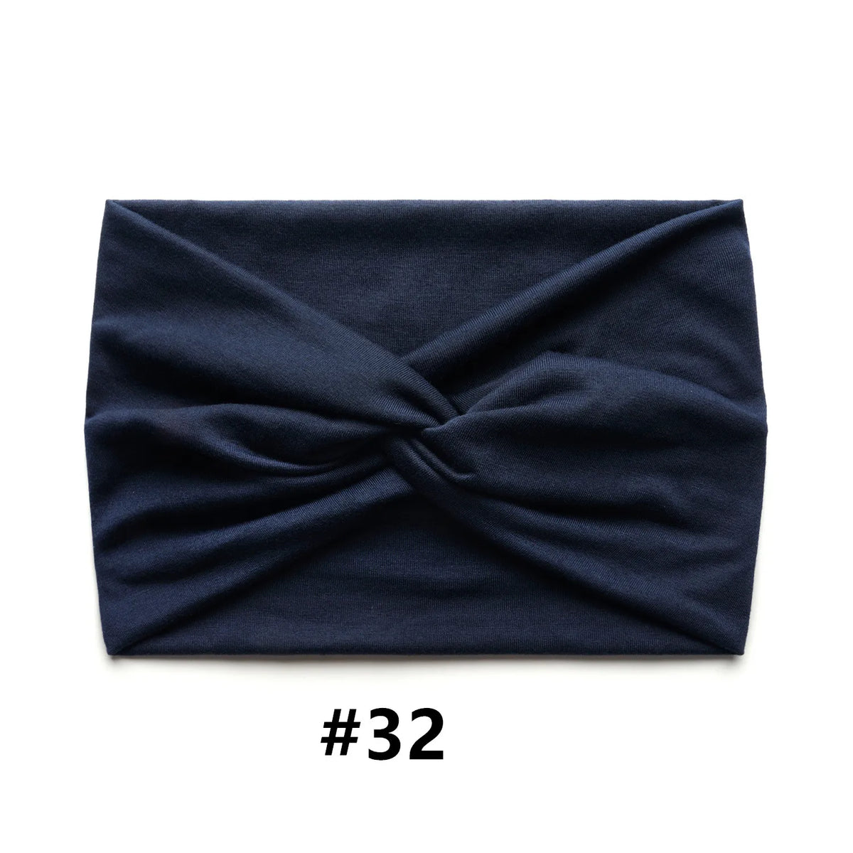 Navy blue fabric headband folded into an X shape