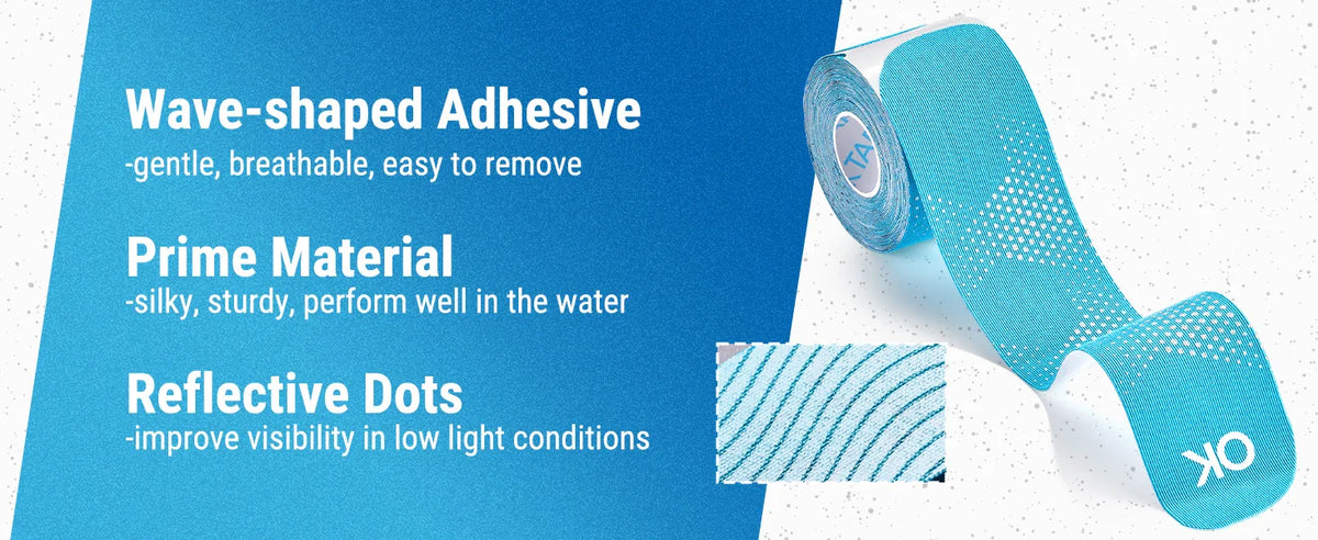 A roll of light blue wave-shaped adhesive tape with reflective dots shown next to a piece of the same tape.
