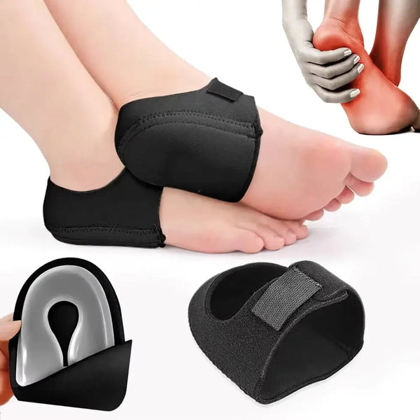 Black silicone U-shaped heel cups shown on a foot for pain relief