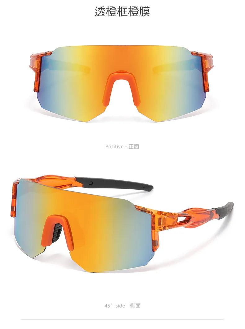 A pair of orange-framed sunglasses with gradient lenses shown in positive and 45-degree side views.
