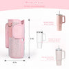 A pink diamond accent water bottle carrying pouch shown next to various tumbler sizes.