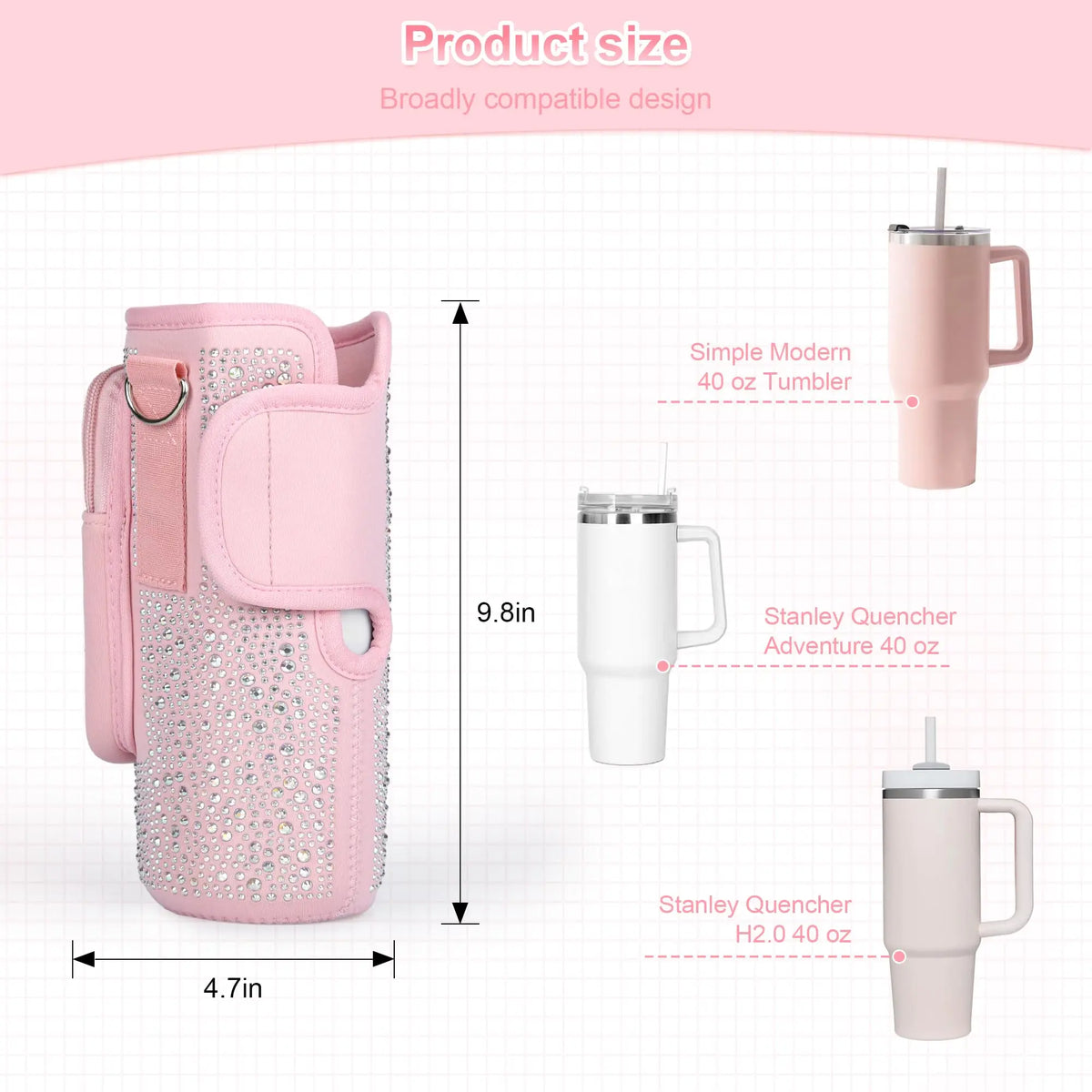 A pink diamond accent water bottle carrying pouch shown next to various tumbler sizes.
