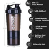 A black portable protein shaker bottle with a spiky design and various features listed.
