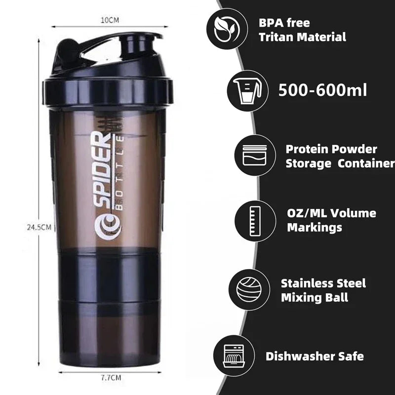 A black portable protein shaker bottle with a spiky design and various features listed.
