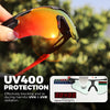 A hand holds a pair of orange photochromic sports sunglasses with UV400 protection, showing the lens darkening.