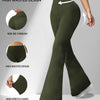 A model wearing olive green high-waisted yoga leggings with a flare detail, highlighting non-see-through fabric and high stre