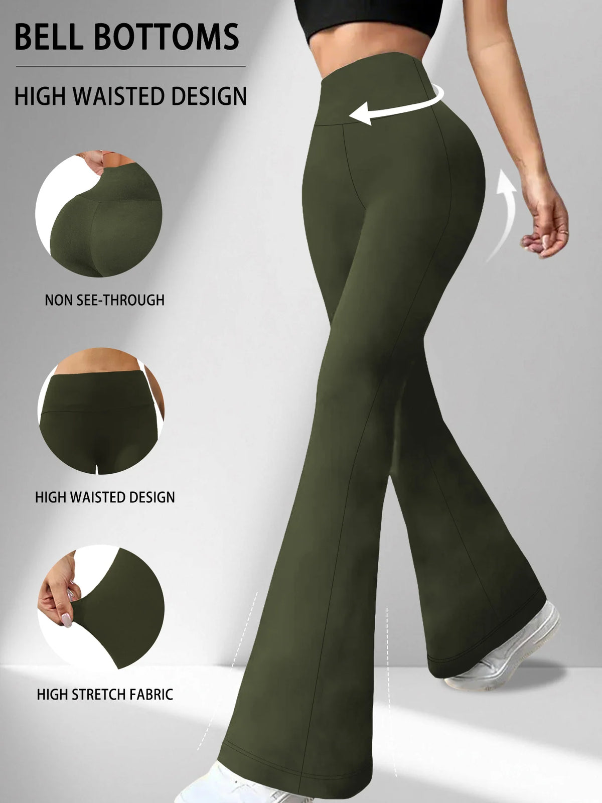 A model wearing olive green high-waisted yoga leggings with a flare detail, highlighting non-see-through fabric and high stre