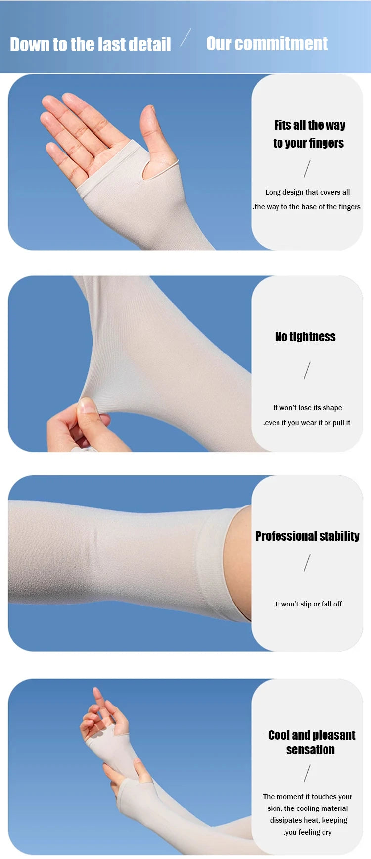Close-up of a beige ice silk arm sleeve being worn on a hand, demonstrating fit and comfort.
