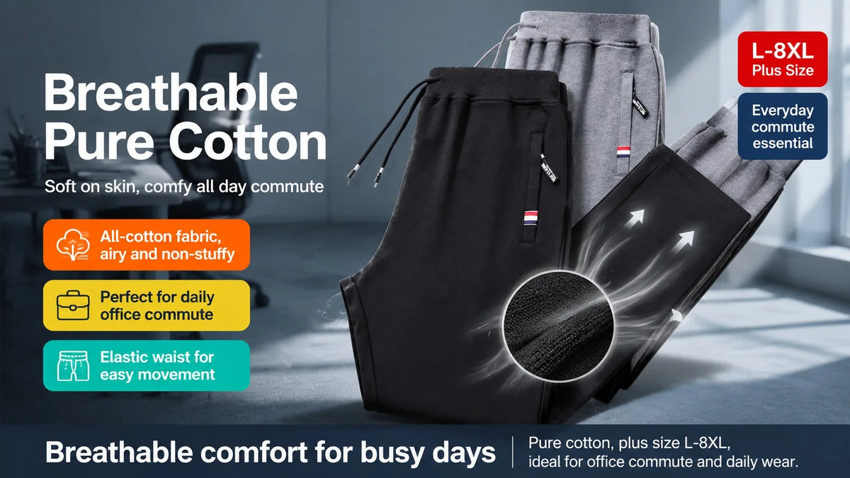Black breathable pure cotton jogger pants shown on a person, emphasizing comfort and daily commute use.