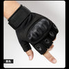 Black tactical full finger gloves shown on a hand, highlighting the grip and protective features.