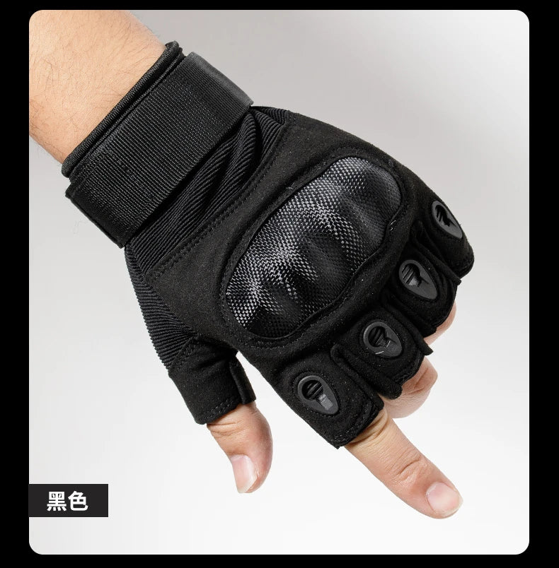 Black tactical full finger gloves shown on a hand, highlighting the grip and protective features.