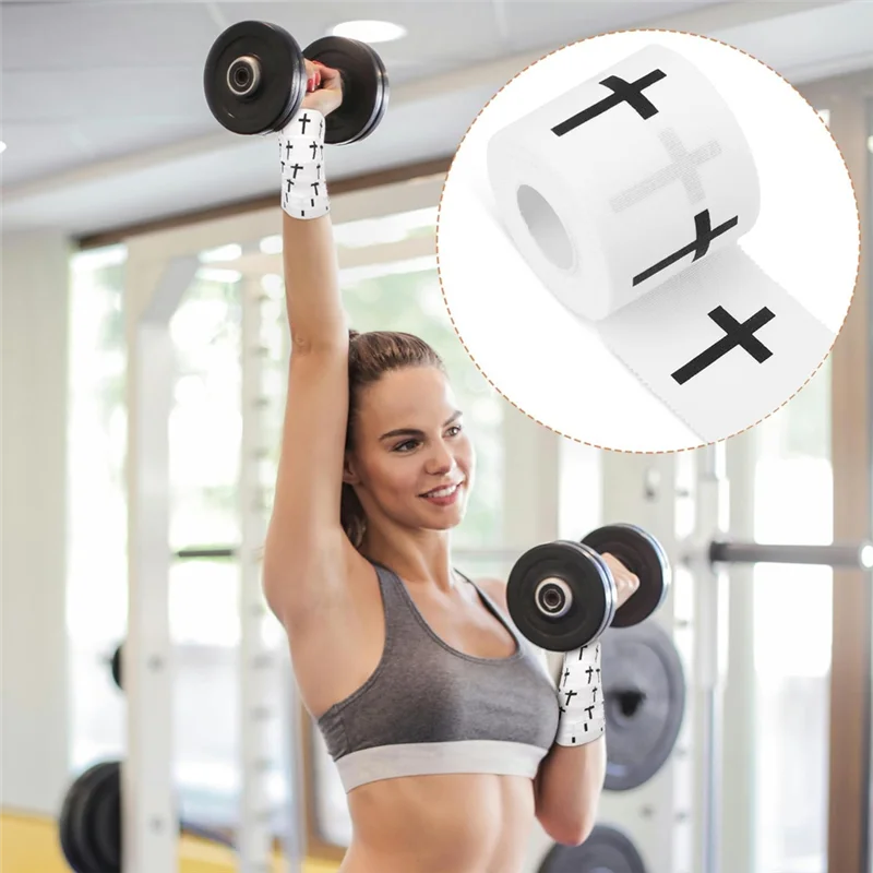 A woman lifts a dumbbell while wearing Christian Athletic Tape for Sport and Support on her arm.