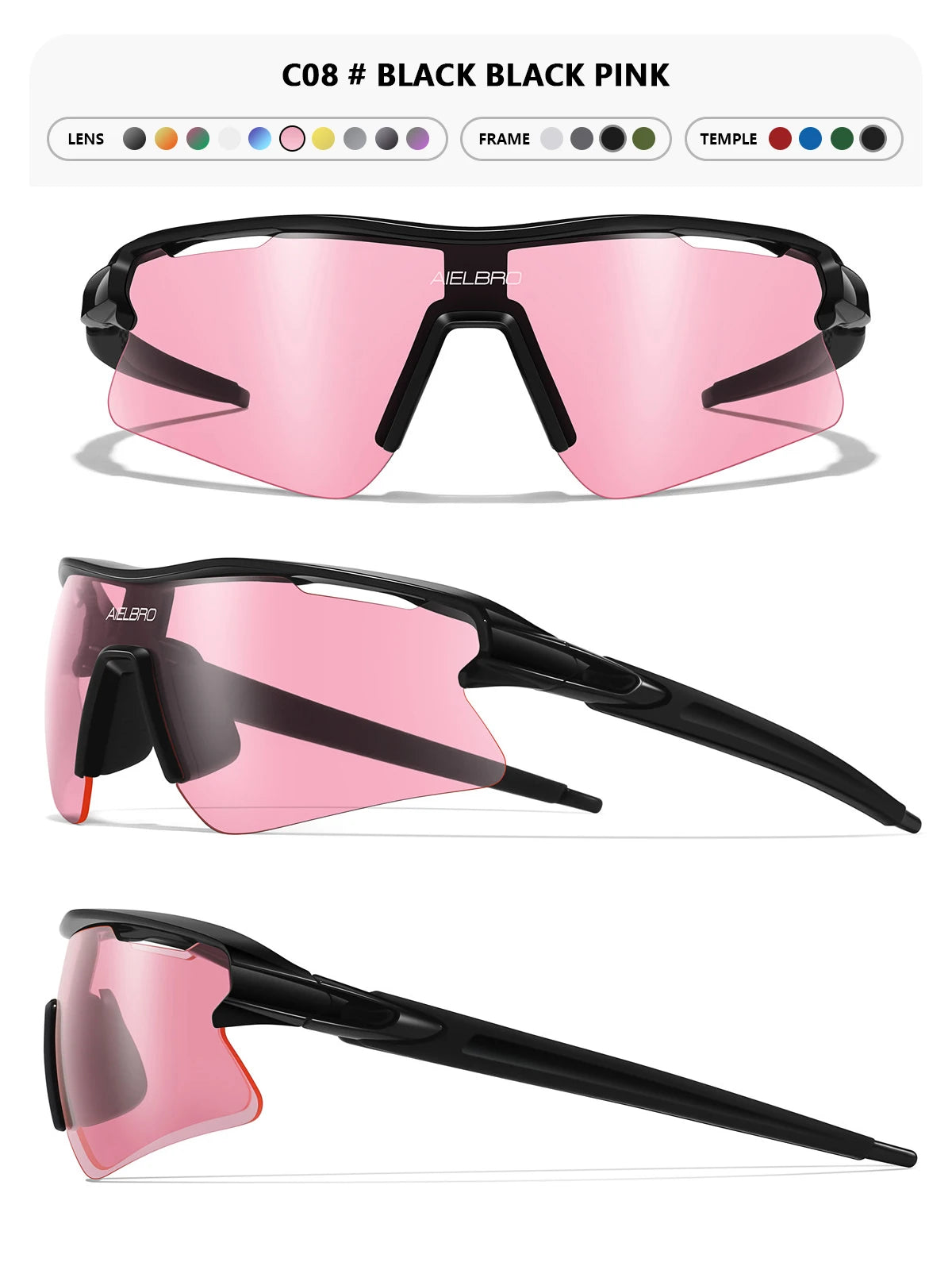 Pink Elbro sunglasses shown in multiple views with lens, frame, and temple options.