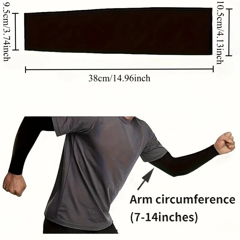 A dark gray arm guard is shown being worn on an arm, demonstrating its fit and size.