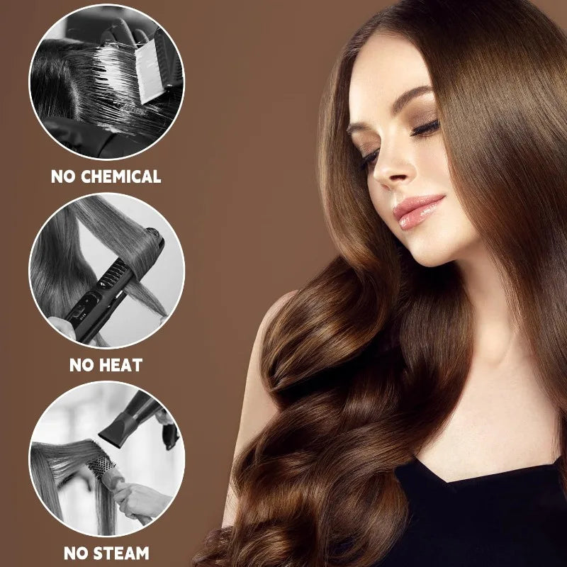 A woman with long brown hair is shown in a close-up, demonstrating heatless curling techniques without chemical, heat, or ste
