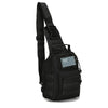 Black tactical sling backpack with an American flag patch on the front