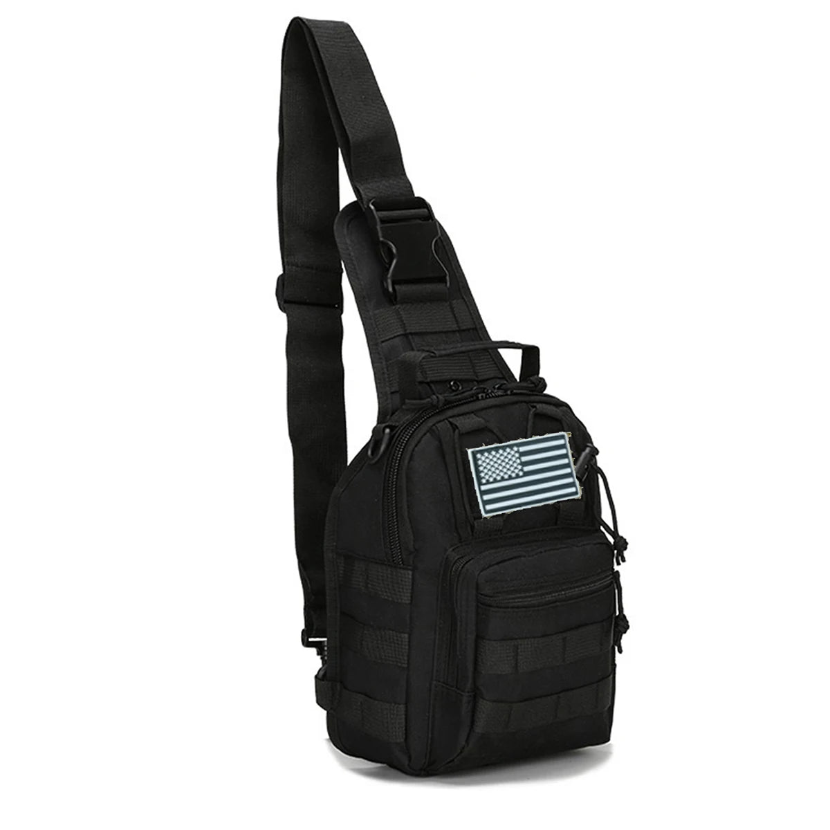Black tactical sling backpack with an American flag patch on the front
