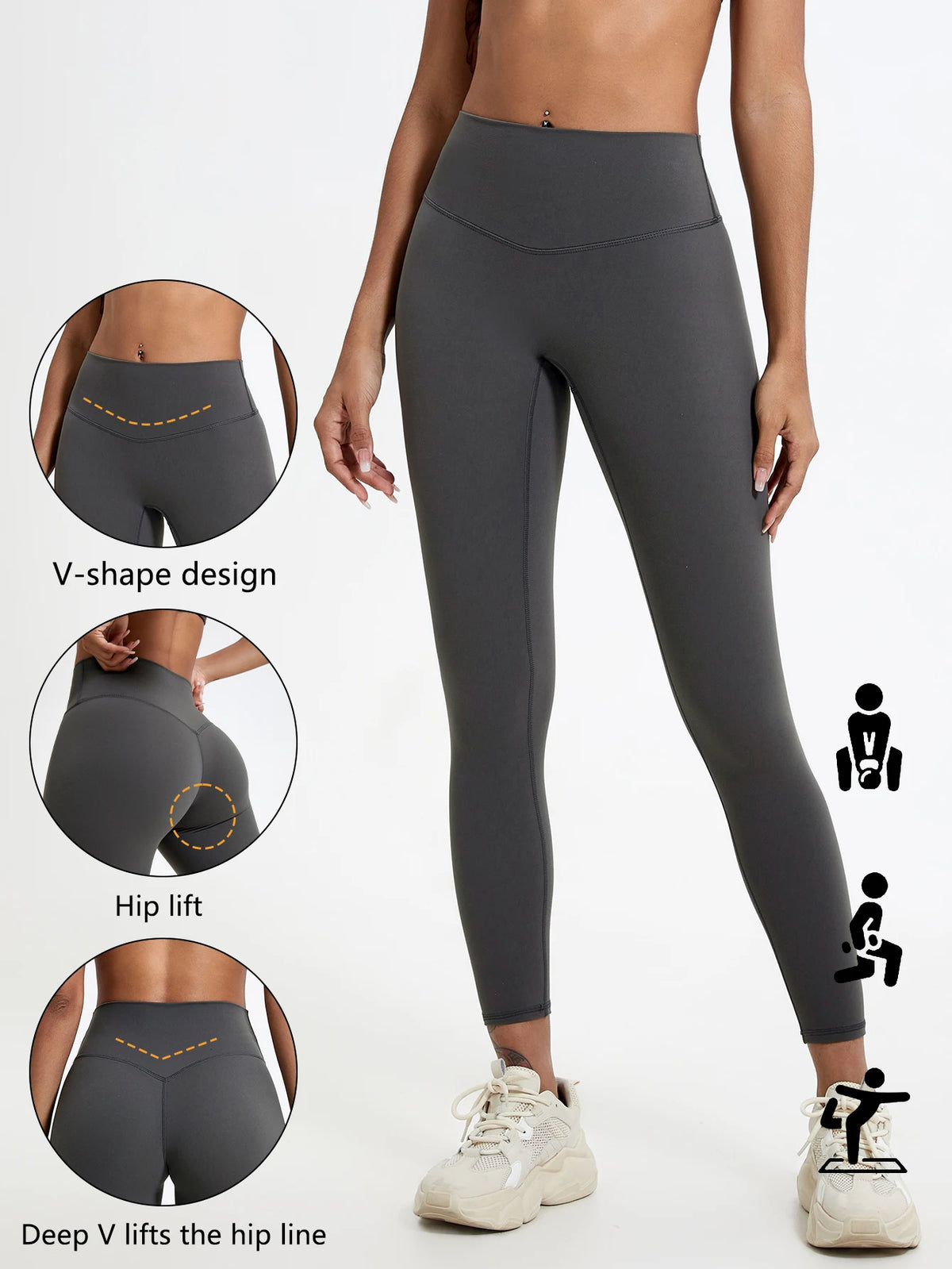 A model wears dark gray high-waist yoga leggings demonstrating V-shape design and hip lift features.