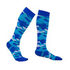 A pair of blue and gray camouflage compression elastic socks for sports and daily wear.