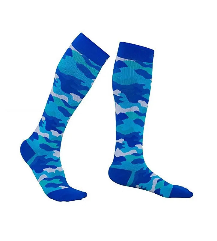 A pair of blue and gray camouflage compression elastic socks for sports and daily wear.