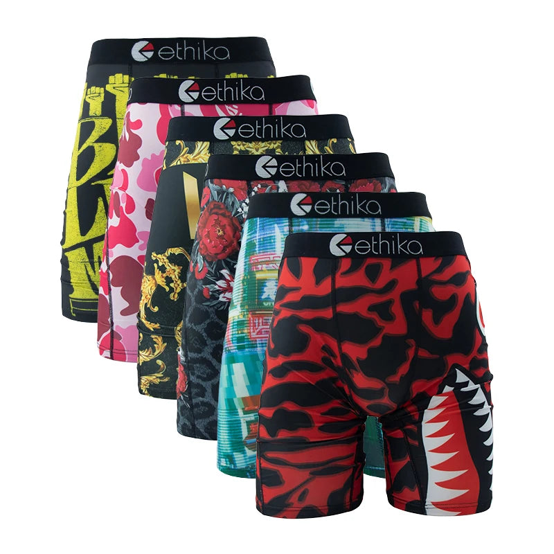 Collection de sous-vêtements boxers pour hommes respirants à imprimés et couleurs variées.