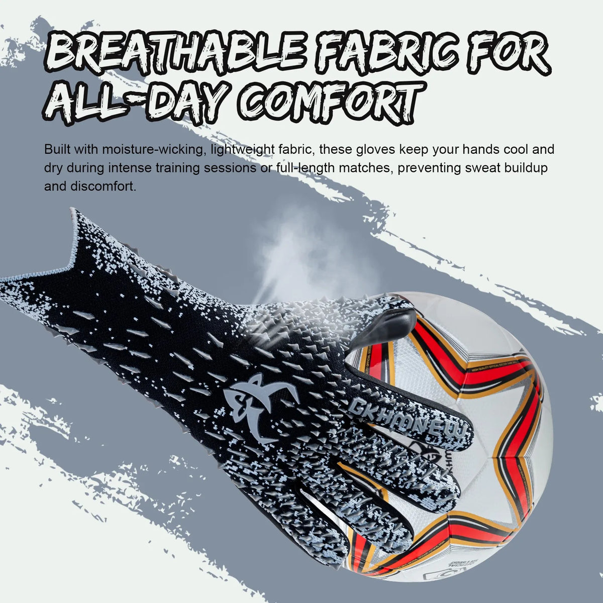 A black goalkeeper glove is shown gripping a soccer ball, emphasizing its breathable fabric for comfort.