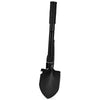 A black foldable multi-tool shovel with a textured handle and a curved blade.