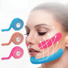 Rolls of pink, orange, and blue kinesiology tape being applied to a woman's face for lifting and wrinkle treatment
