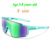 A pair of bright green and purple tinted sports sunglasses for children.