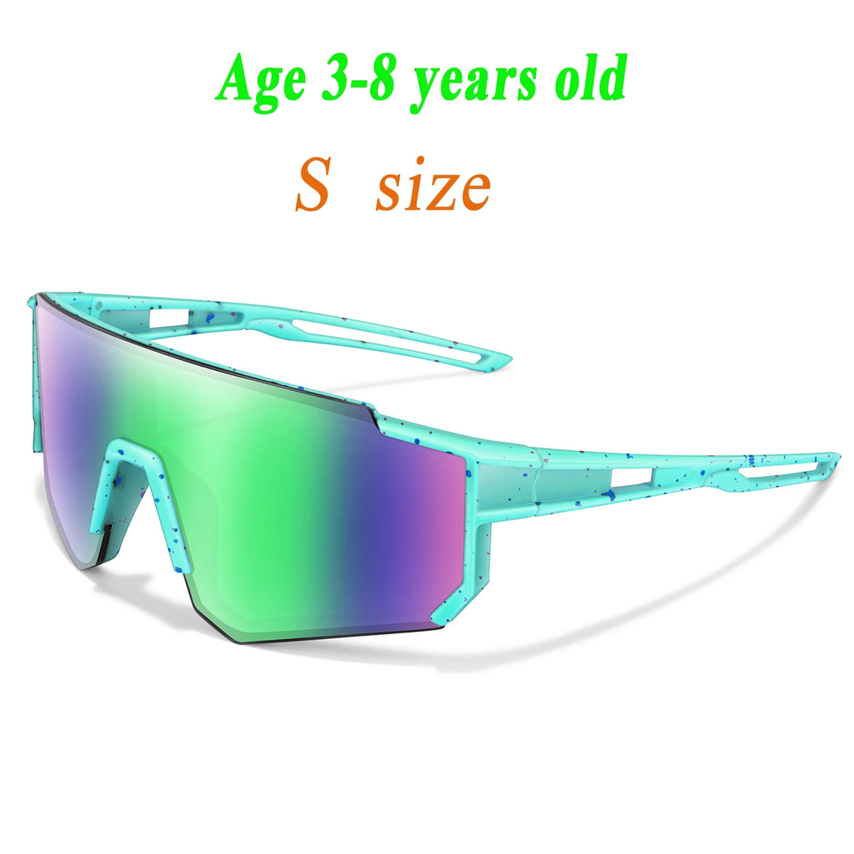 A pair of bright green and purple tinted sports sunglasses for children.