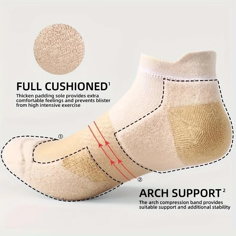 A beige performance compression ankle sock showing features like full cushioning and arch support.