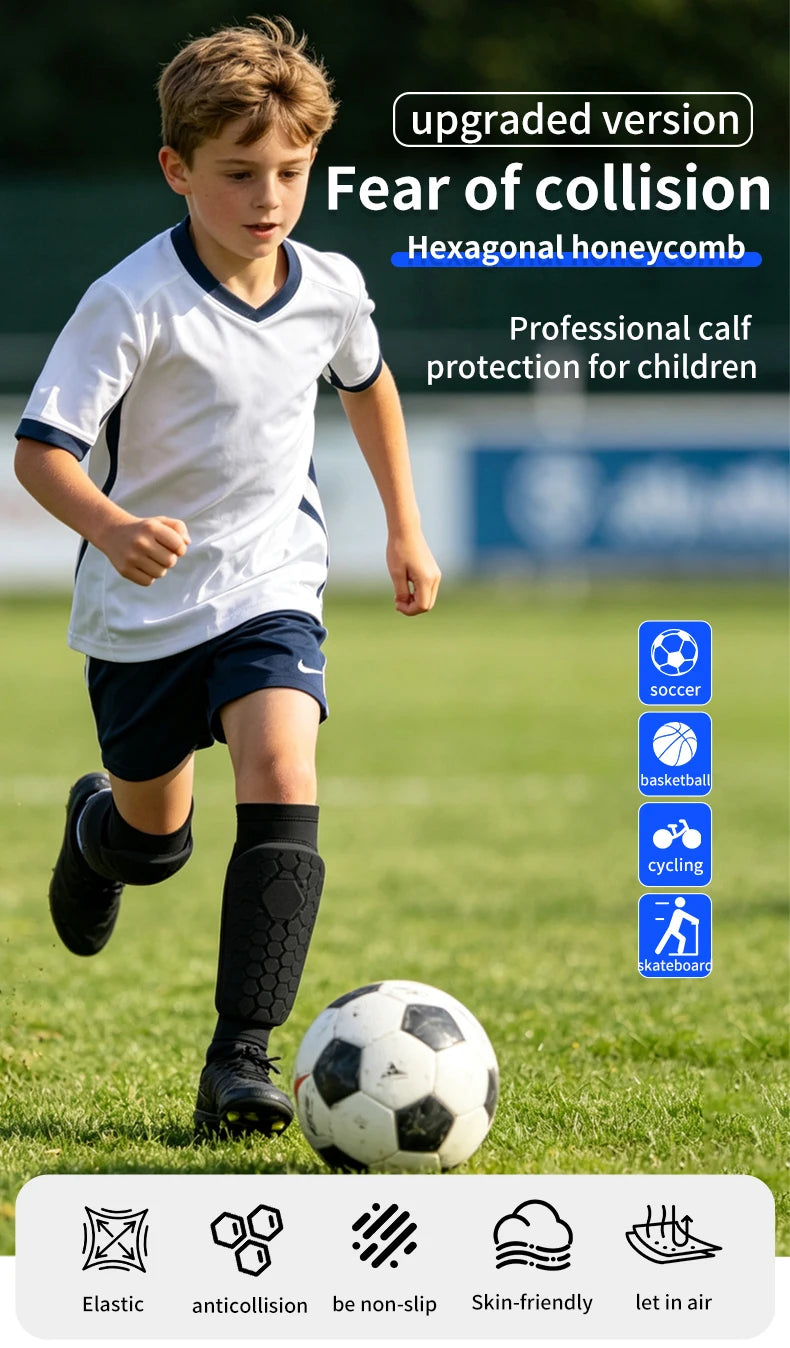 A child wearing soccer gear is shown with hexagonal honeycombed calf protection for professional protection.