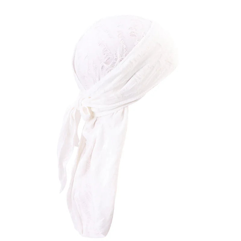 White men's distressed pirate style durag head wrap tied and folded
