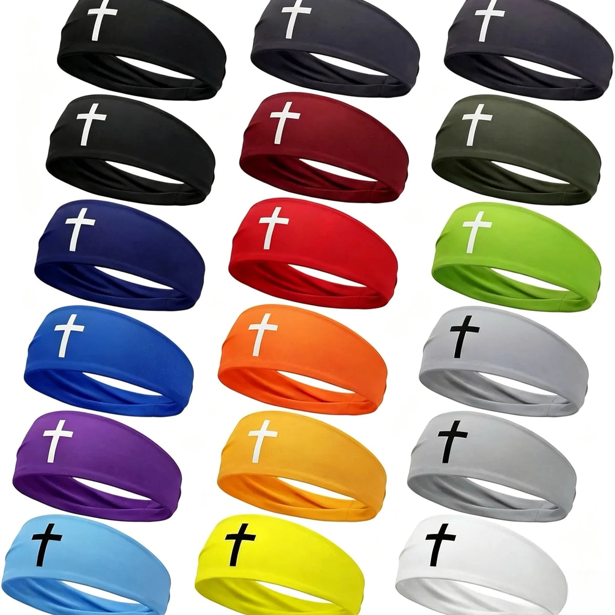 A collection of black, red, green, and blue men's athletic sweat headbands shown in various angles.