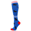 Blue compression socks with black cat patterns and red trim