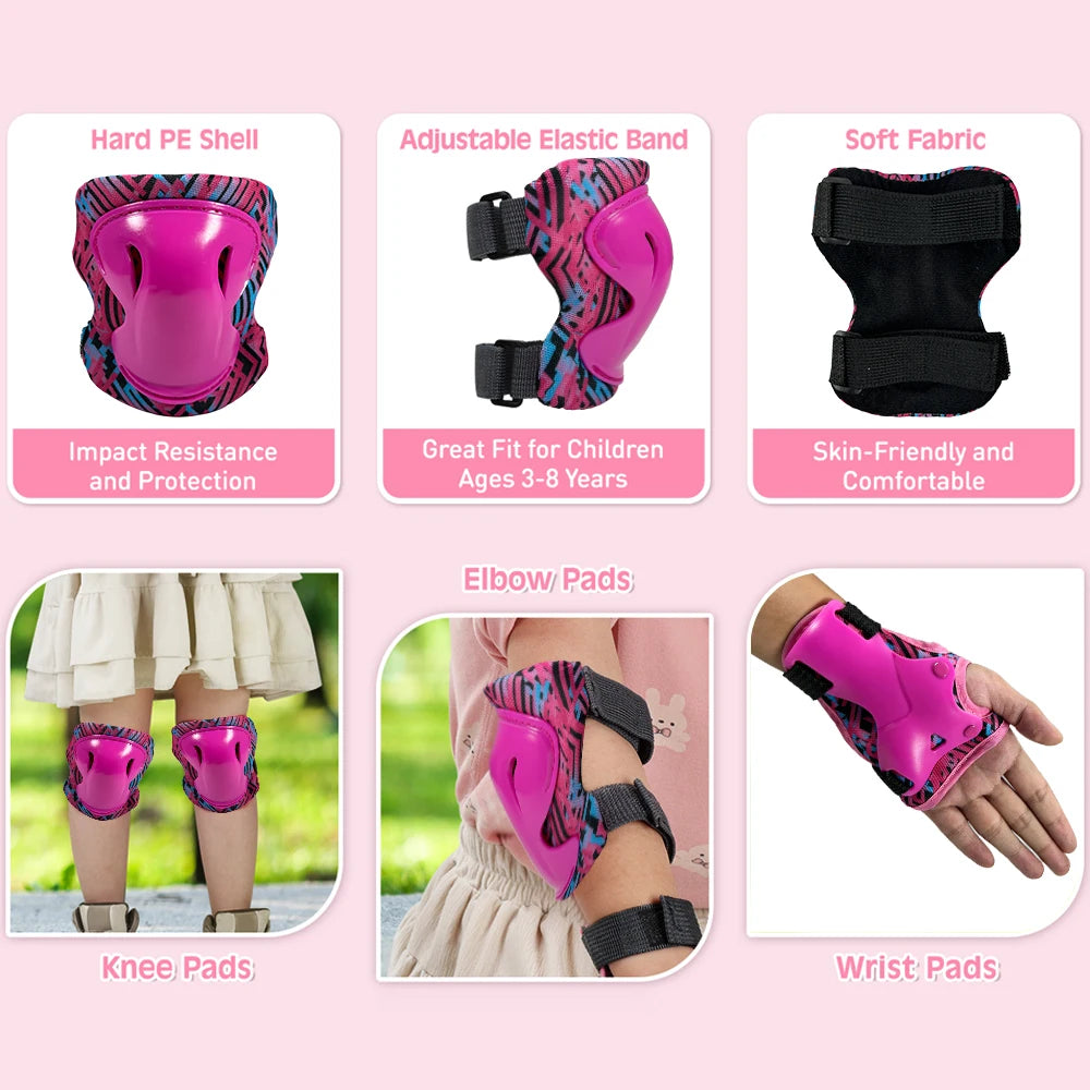A set of pink and black protective gear including a hard PE shell, adjustable elastic band, knee pads, and wrist pads for ska