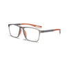 A pair of TR90 sports reading glasses with gray frames and orange temples.
