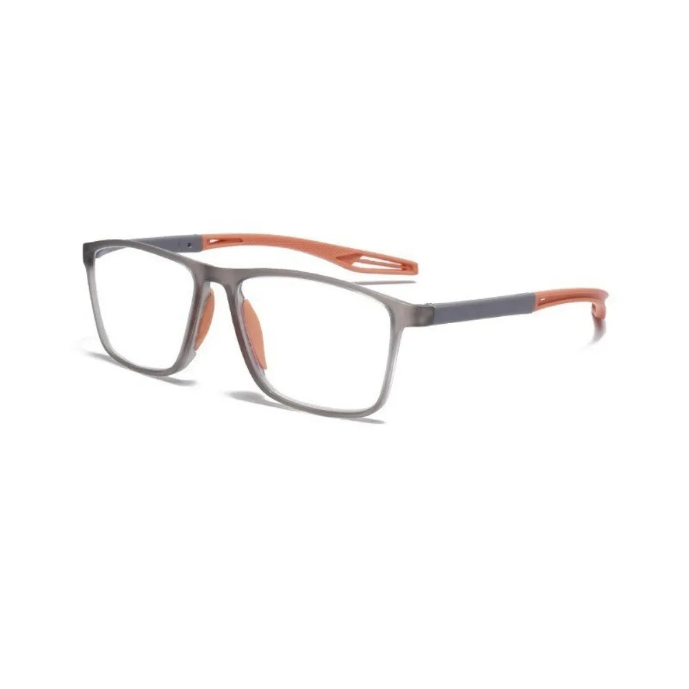 A pair of TR90 sports reading glasses with gray frames and orange temples.