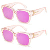 Pink tinted polarized sunglasses with clear frames and gold accents