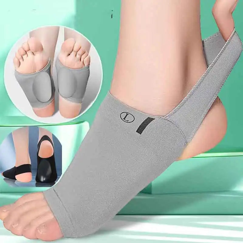 Gray silicone arch support insoles shown on a foot, with inset images demonstrating proper placement.