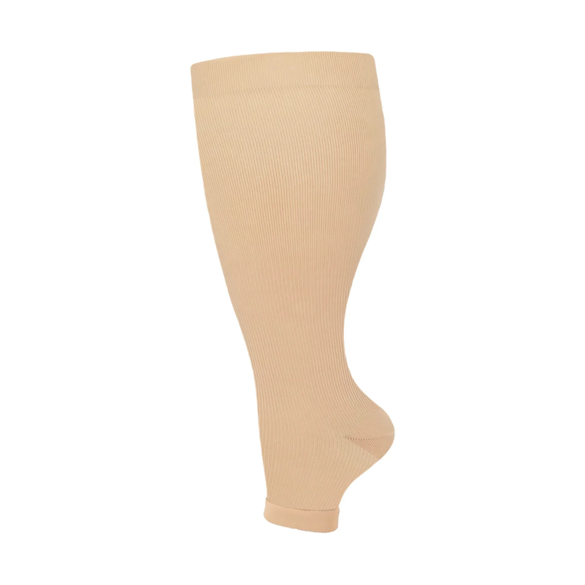 A beige compression sock for leg circulation and fatigue relief.