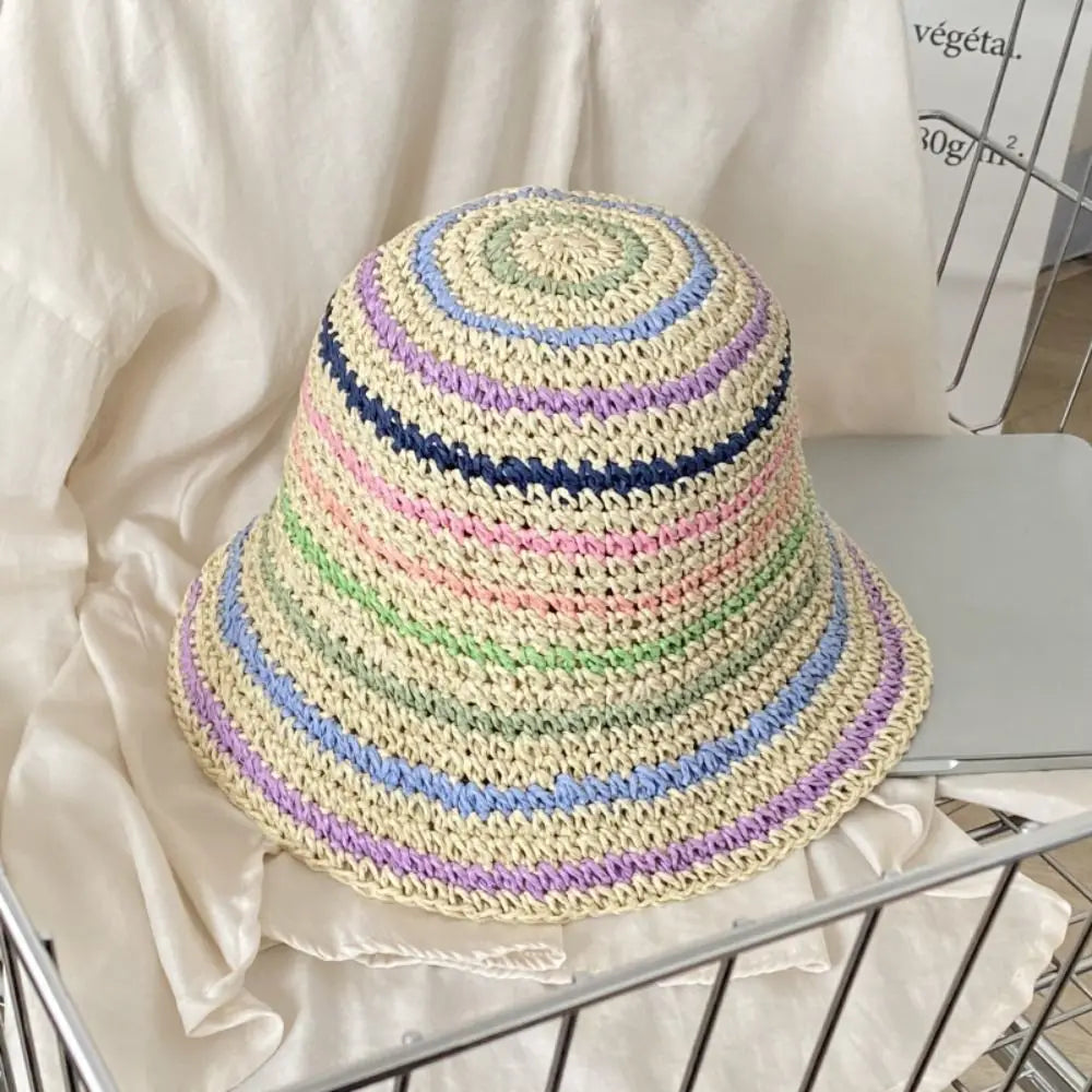 Handwoven Rainbow Stripe Straw Sun Hat with Wide Brim