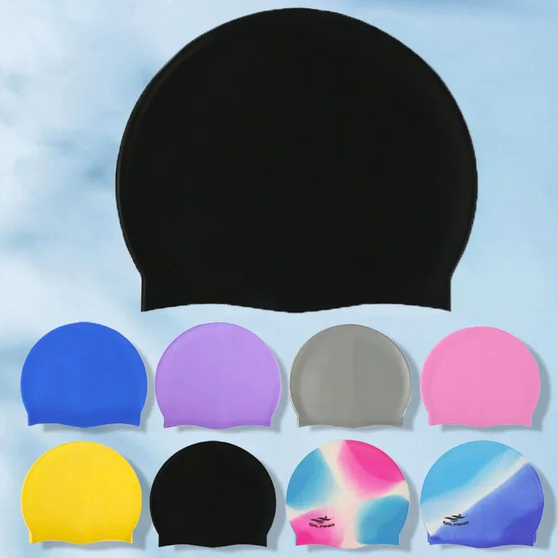 A collection of colorful silicone swim caps in various shades including blue, purple, gray, pink, yellow, and black.