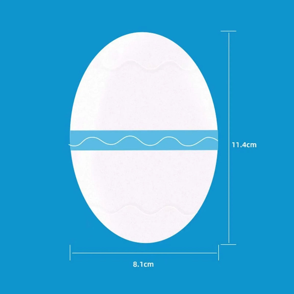 An oval white anti-wear thigh patch with blue wavy lines, shown against a blue background.