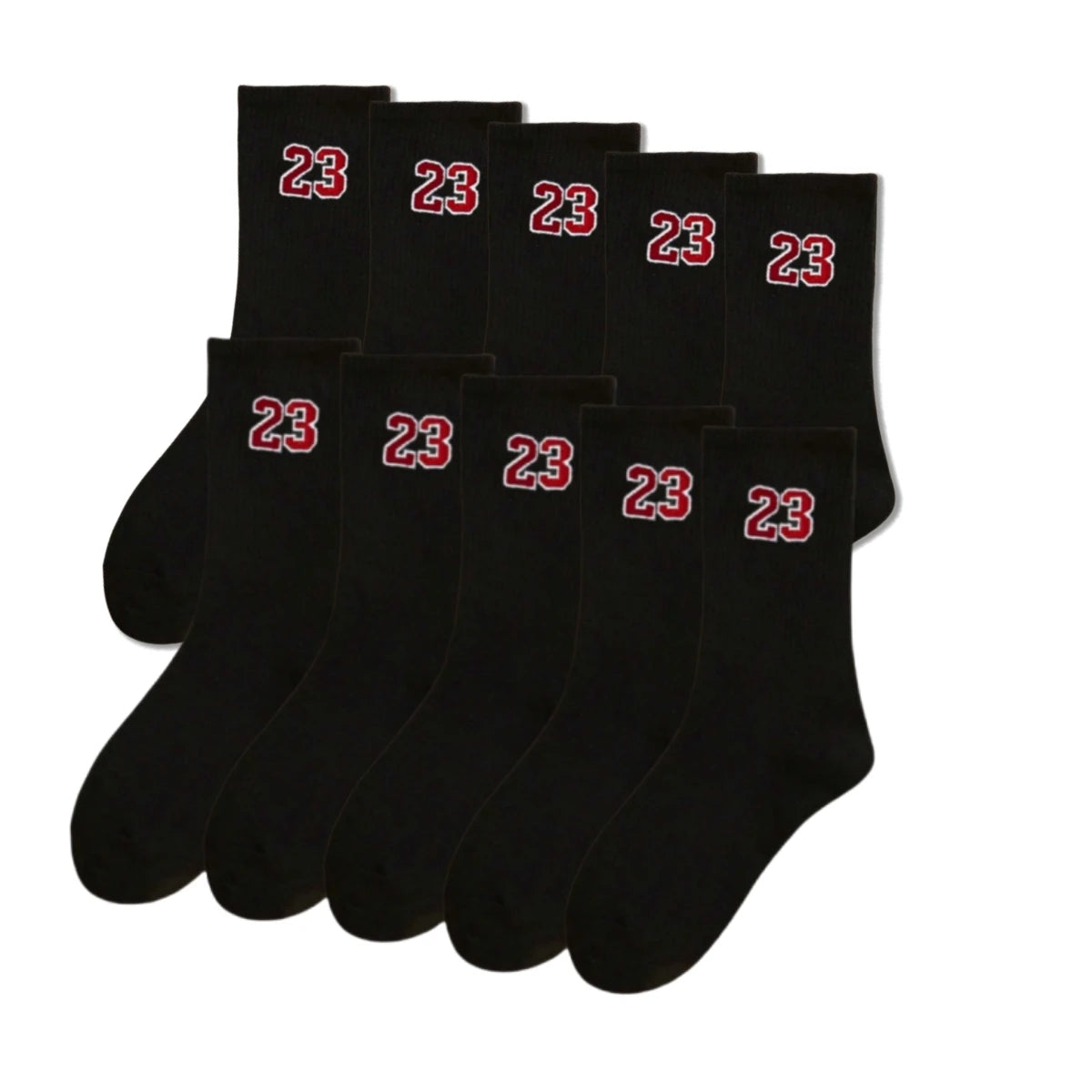 A stack of black men's classic crew socks with red numbers 23 visible on the cuff.