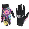 A pair of black motorcycle and MTB gloves featuring colorful, patterned fabric and white star designs on the palm.