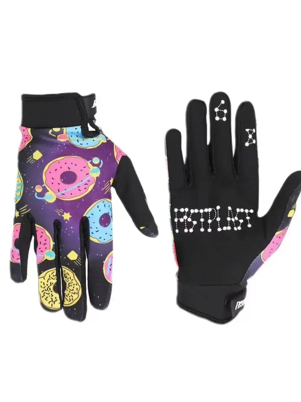 A pair of black motorcycle and MTB gloves featuring colorful, patterned fabric and white star designs on the palm.