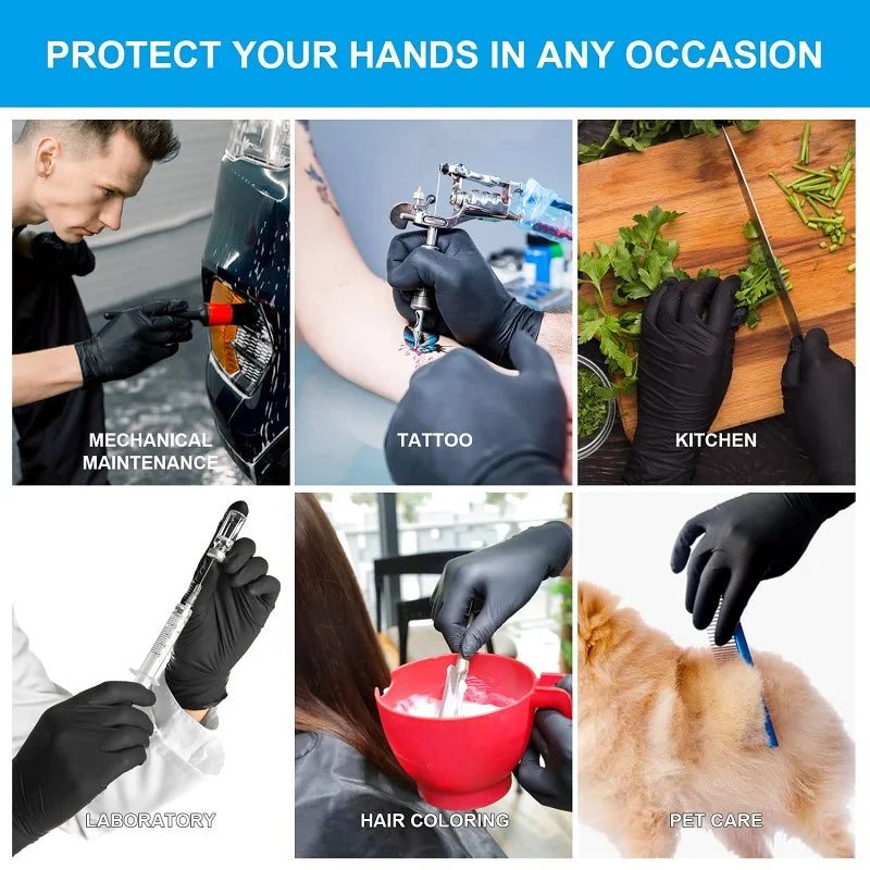 Collection de gants de nettoyage en nitrile robustes dans divers contextes, incluant la maintenance mécanique et le tatouage.